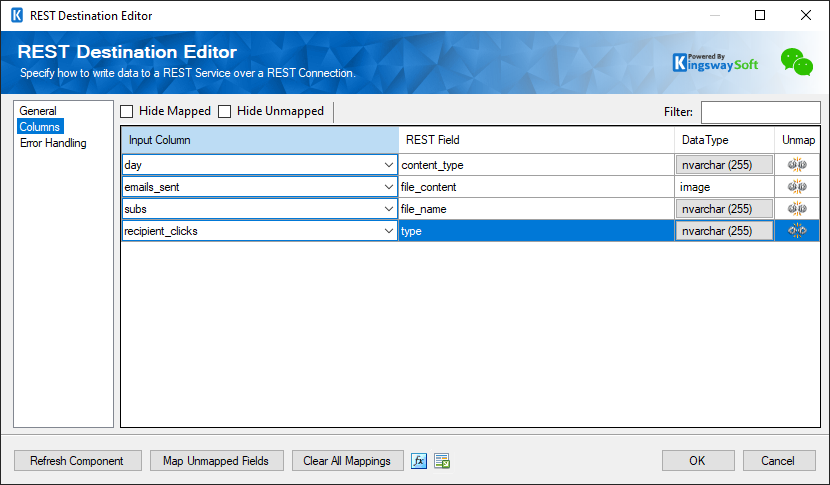 SSIS WeChat Destination Component - Columns